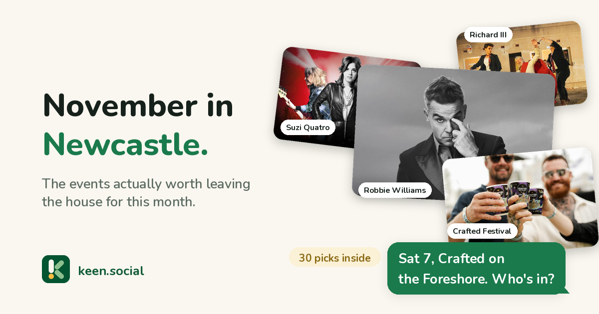 November in Newcastle: a collage of the month's events including Robbie Williams, Crafted Festival, Suzi Quatro and Richard III at Fort Scratchley, with the message: Sat 7, Crafted on the Foreshore. Who's in?